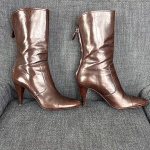 Cole Haan Brown Leather Mid Calf Boots Size 6.5 | Wood Heel | Back Zip